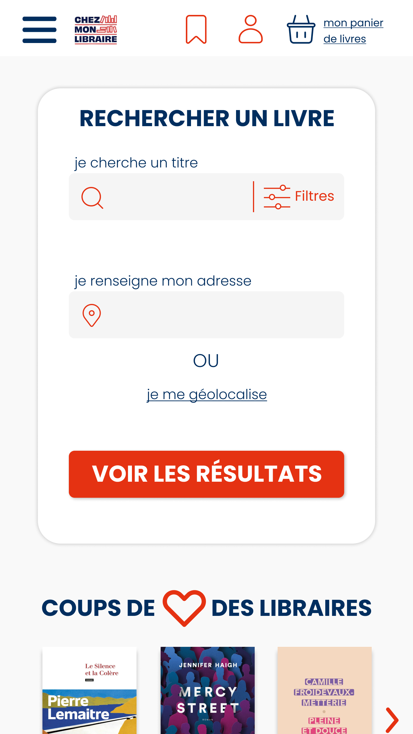 page d'accueil de l'application chez mon libraire