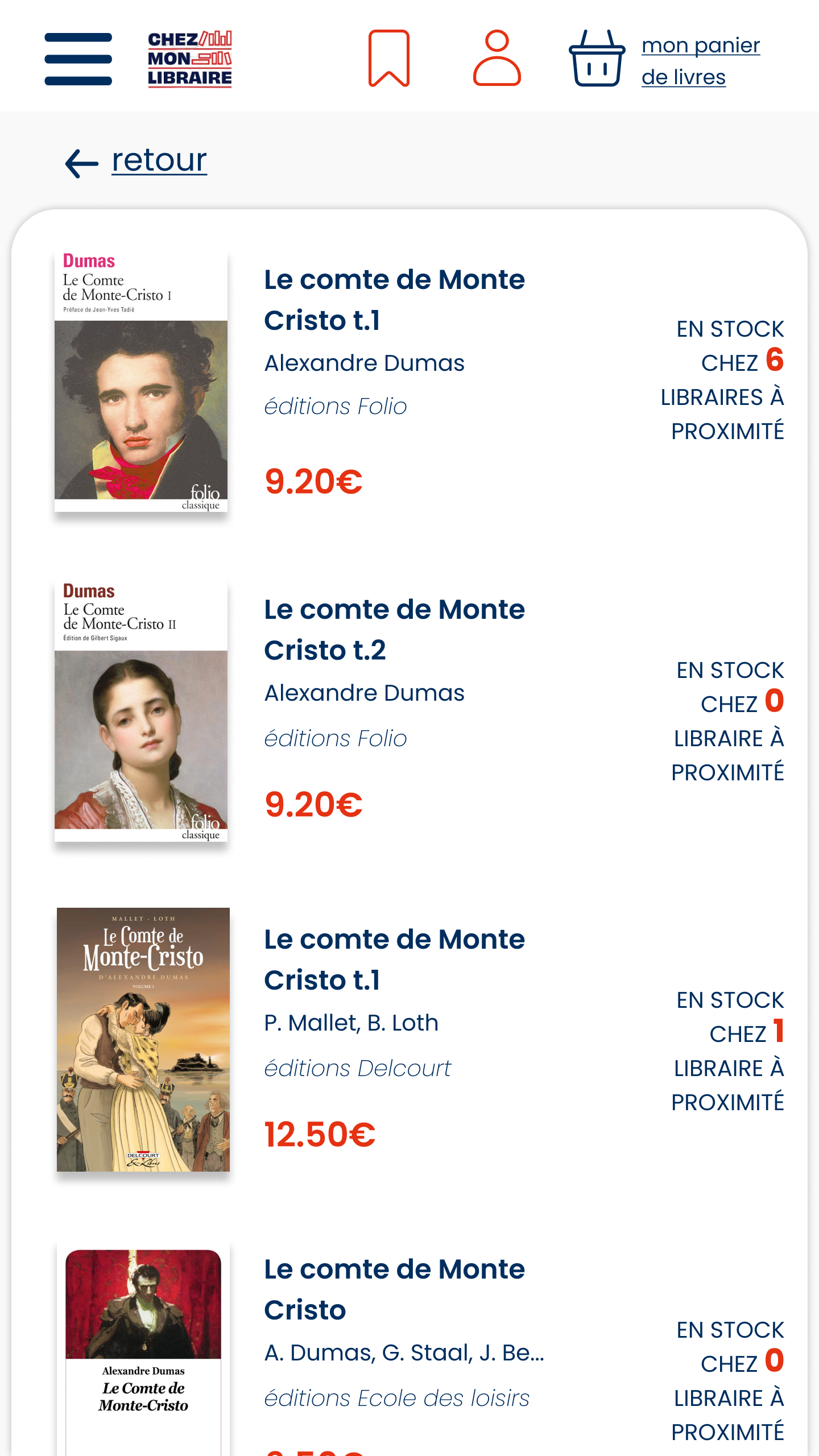 page de résultat d'une recherche de livres ayant pour objet "le comte de monte christo"