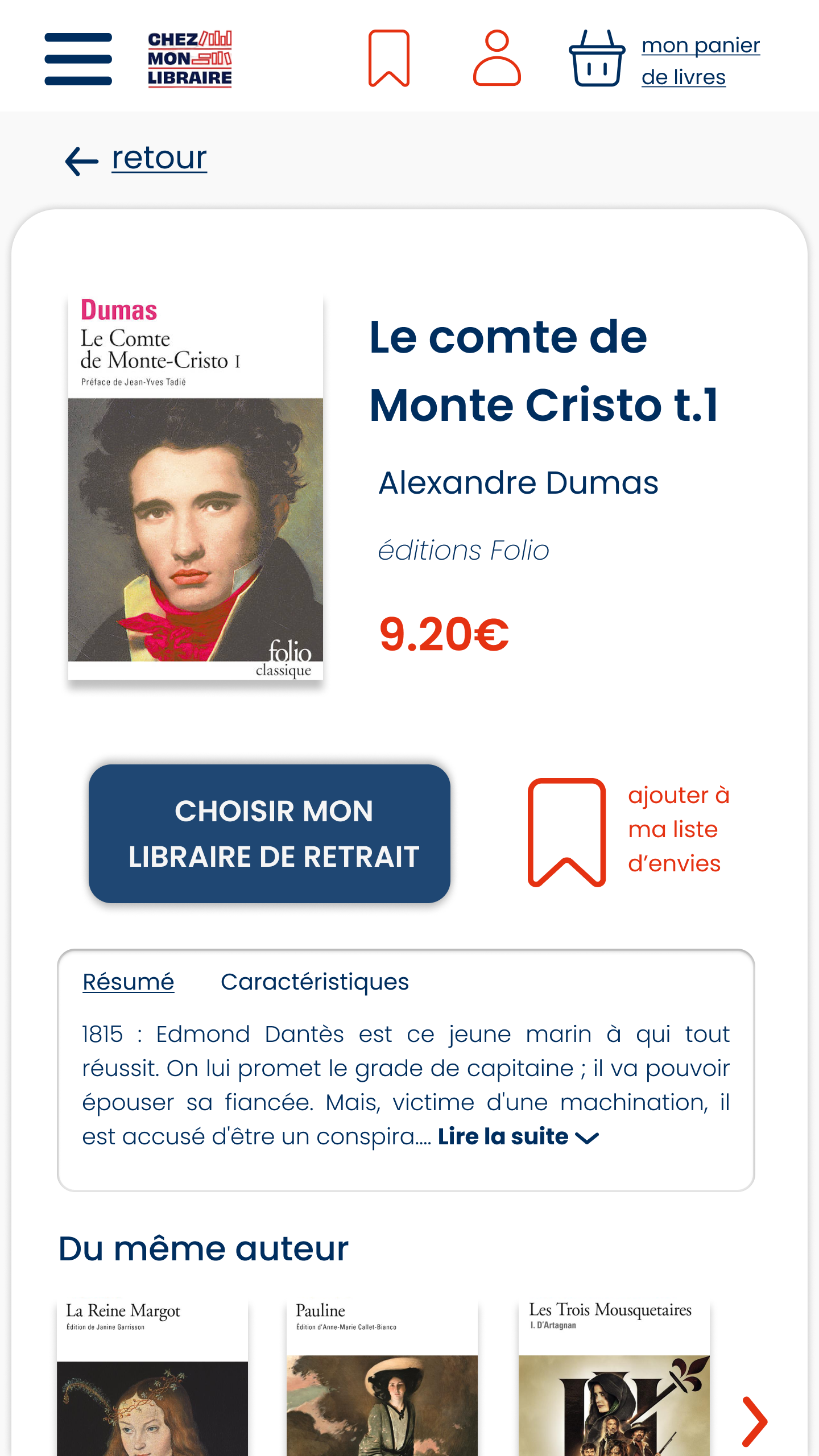 fiche article du livre "le comte de monte cristo tome 1"