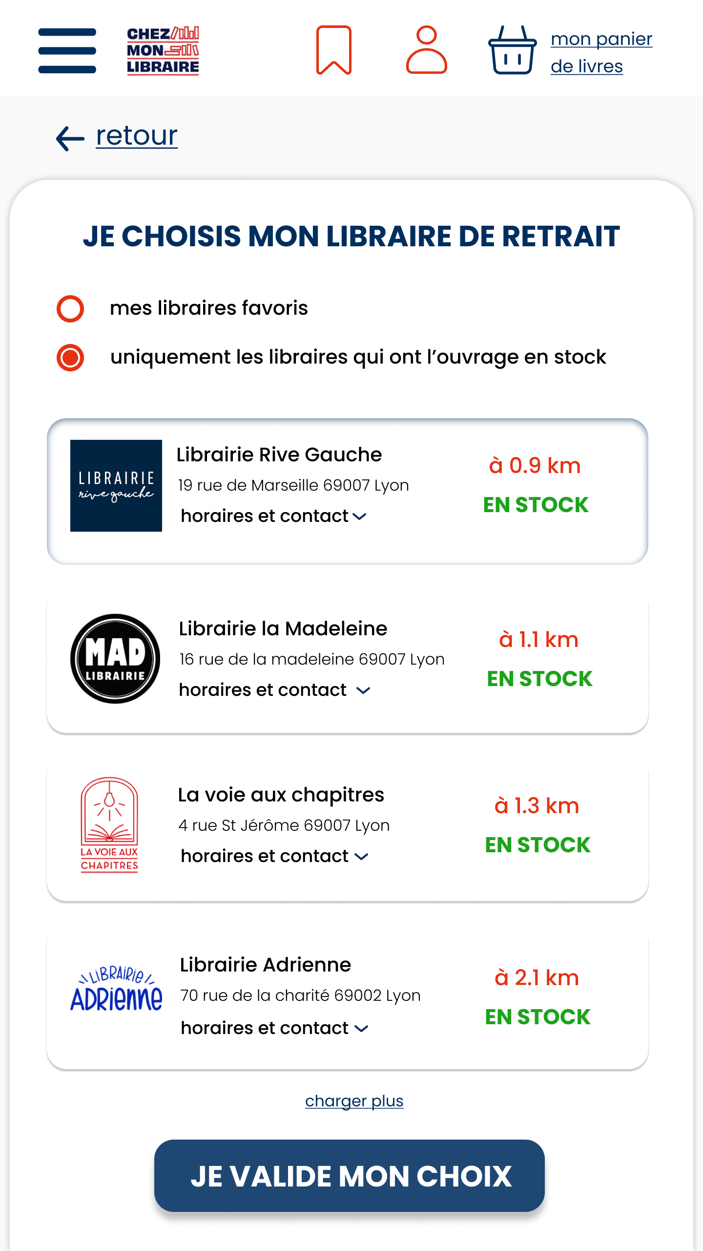 page "je choisis ma librairie de retrait" avec quatre lieux possibles