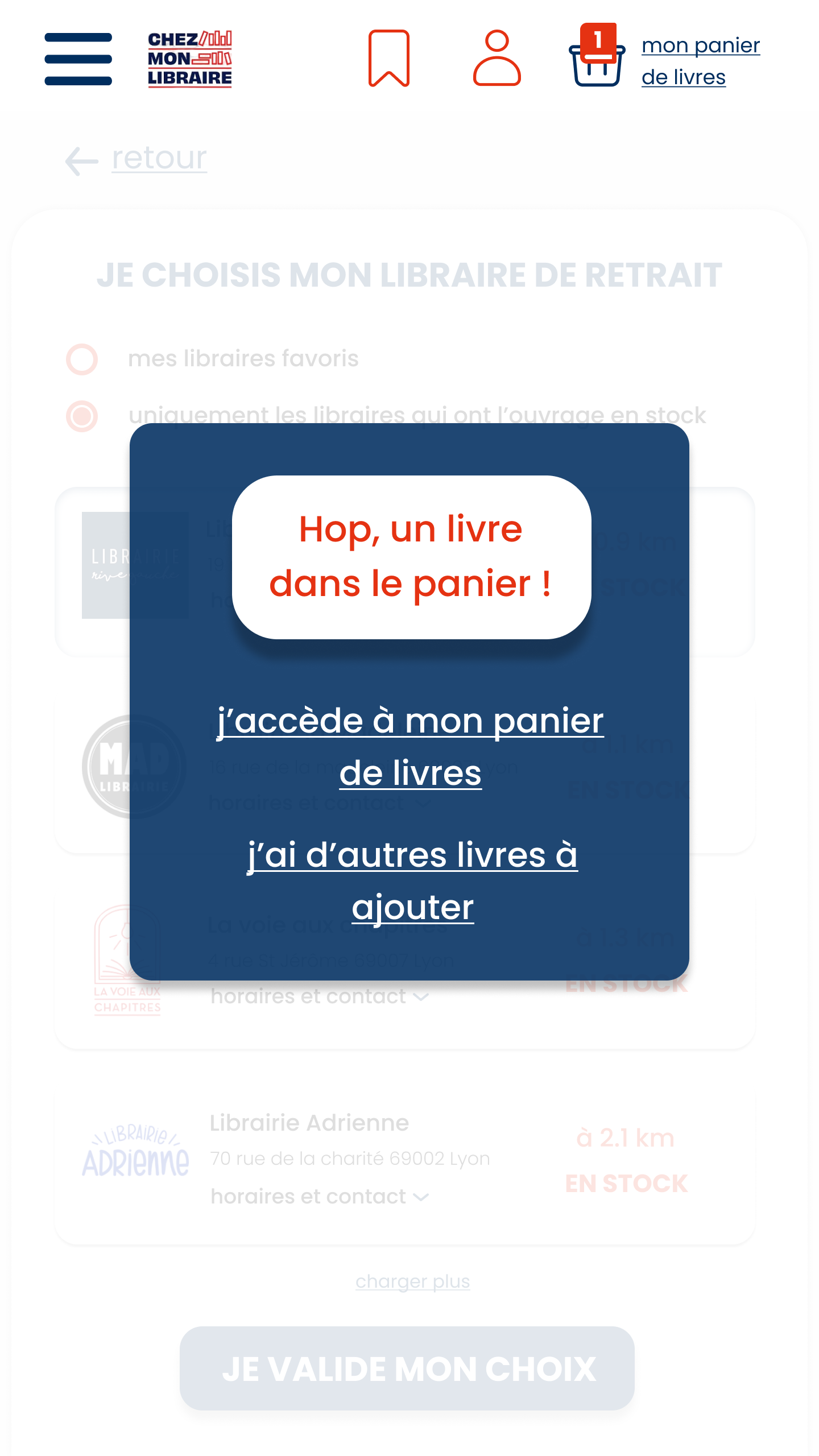 pop up de confirmation qu'un livre a bien été mis dans le panier