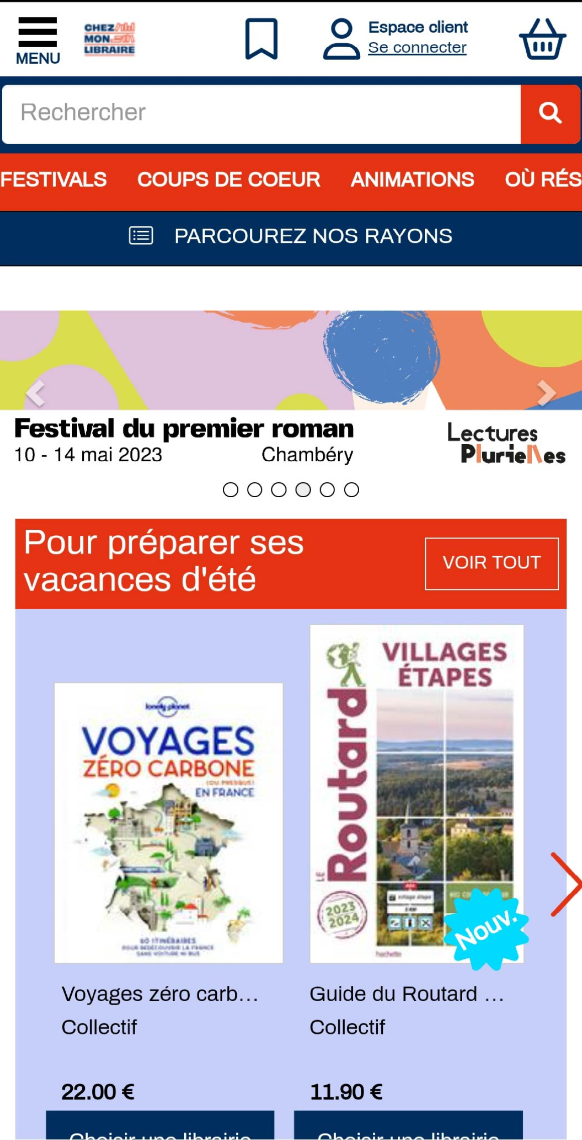 page d'accueil actuelle de l'application chez mon libraire