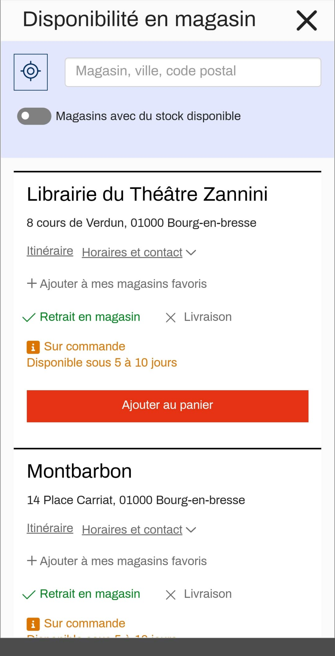 page actuelle de choix de librairie de l'application chez mon libraire